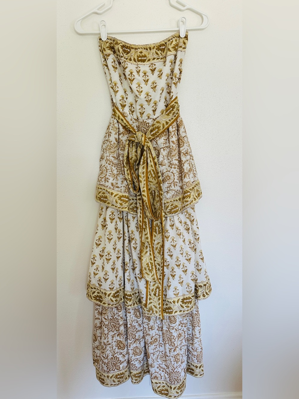 Sue Sartor Block Print Strapless Tie Back Maxi Dress Size S Marigold Yellow Boho